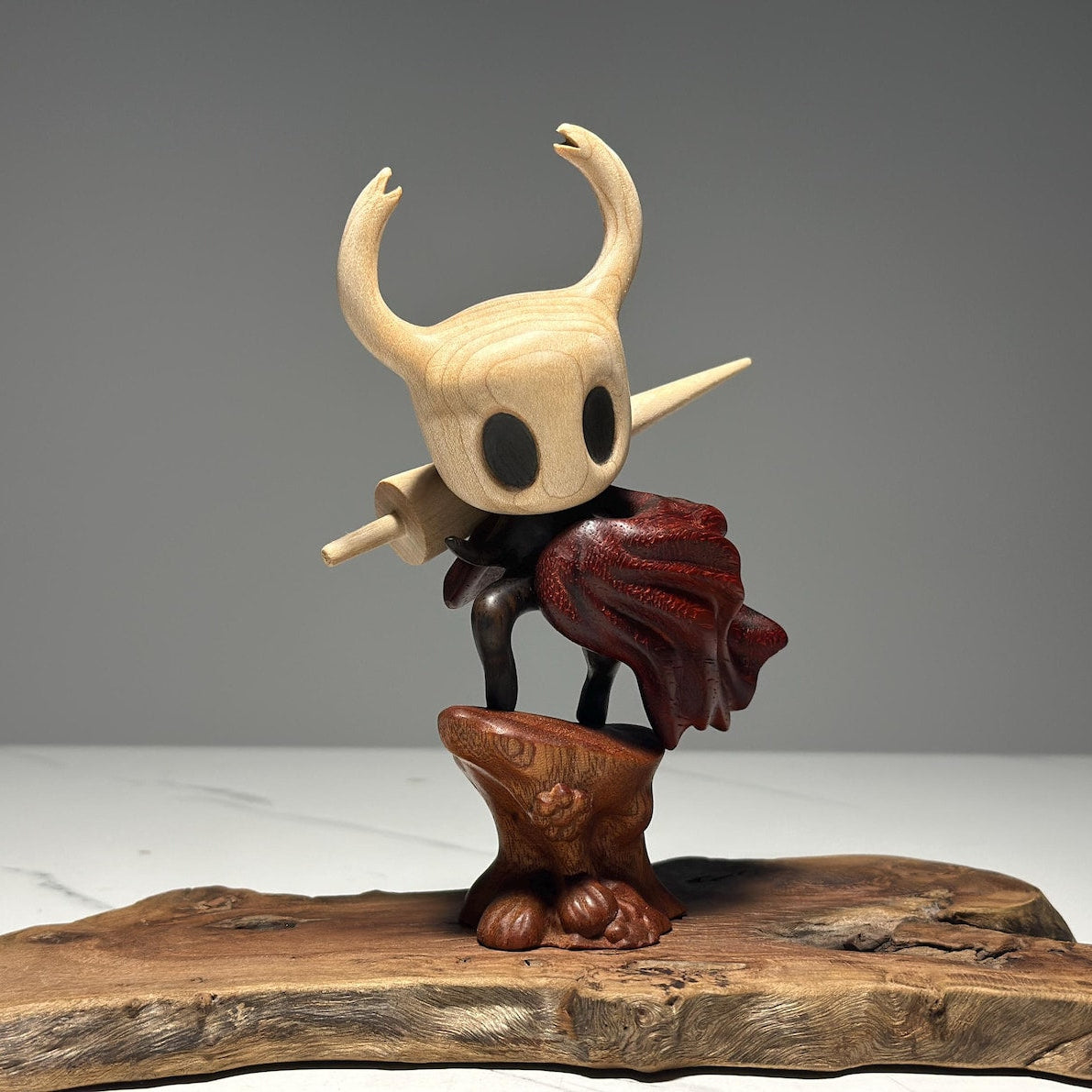 Hollow Knight inspired walnut wood sculpture with magnetic detachable figurine