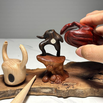 Hollow Knight inspired walnut wood sculpture with magnetic detachable figurine