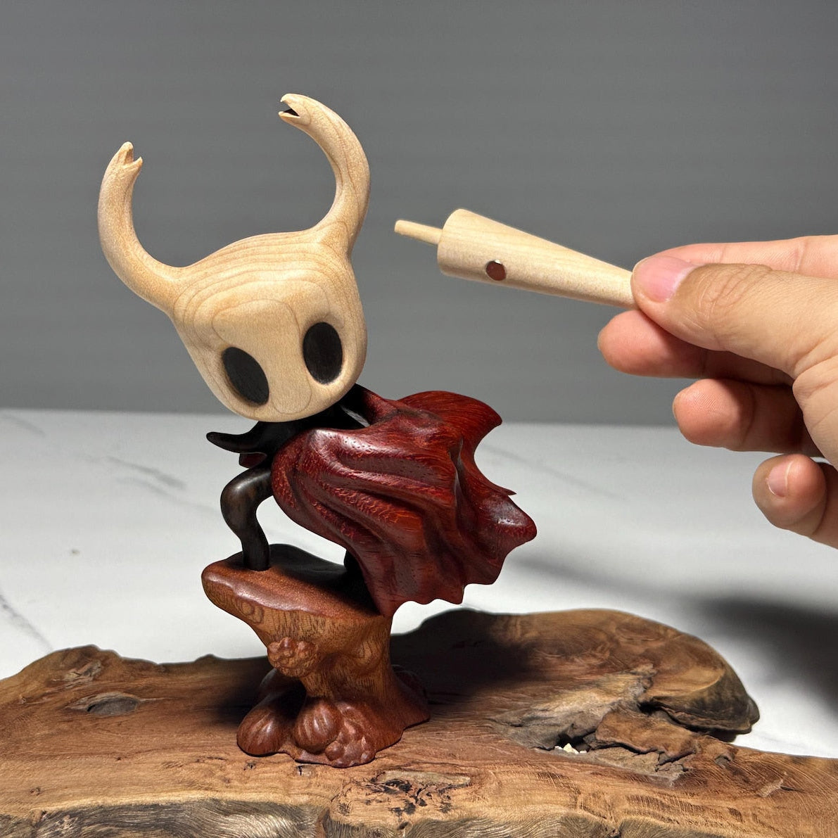 Hollow Knight inspired walnut wood sculpture with magnetic detachable figurine
