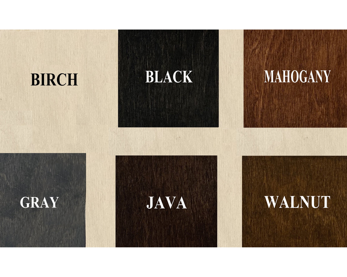Six labeled wood stain swatches on a pale wood background: birch, black, mahogany, gray, java and walnut.