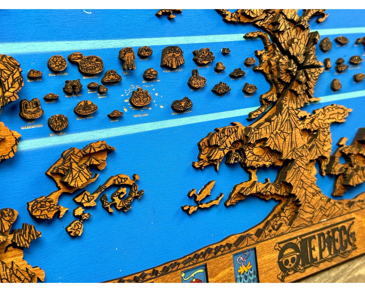 Close-up of brown stained raised wooden islands on a blue sea with light blue stripes and a One Piece logo in the corner.