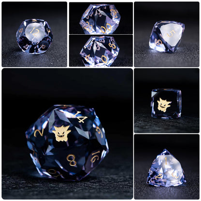Collage of seven blue-violet clear dice with gold numbers, d20 and d6 showing a gold grinning creature symbol, dark background