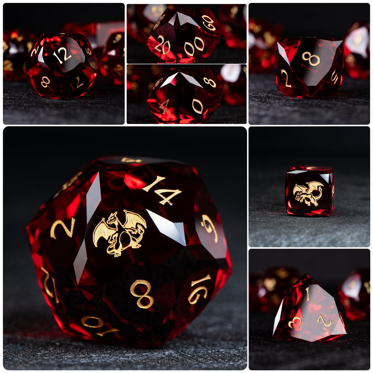 Collage of seven deep red clear dice with gold numbers; d20 and d6 show a gold winged dragon-like creature