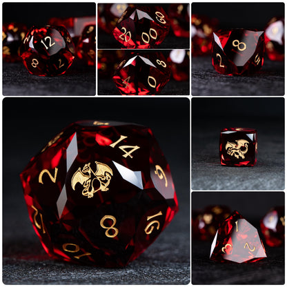 Collage of seven deep red clear dice with gold numbers; d20 and d6 show a gold winged dragon-like creature