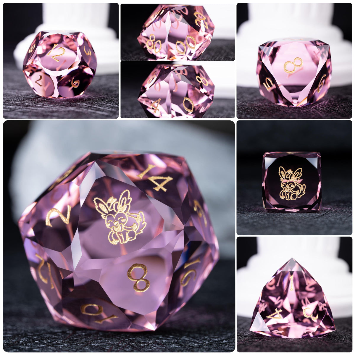 Collage of seven pink clear dice with gold numbers; d20 and d6 show a gold bunny-like creature, white column behind