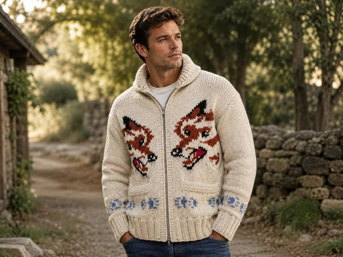 Cream Wolf Pattern Chunky Zip Up Cardigan
