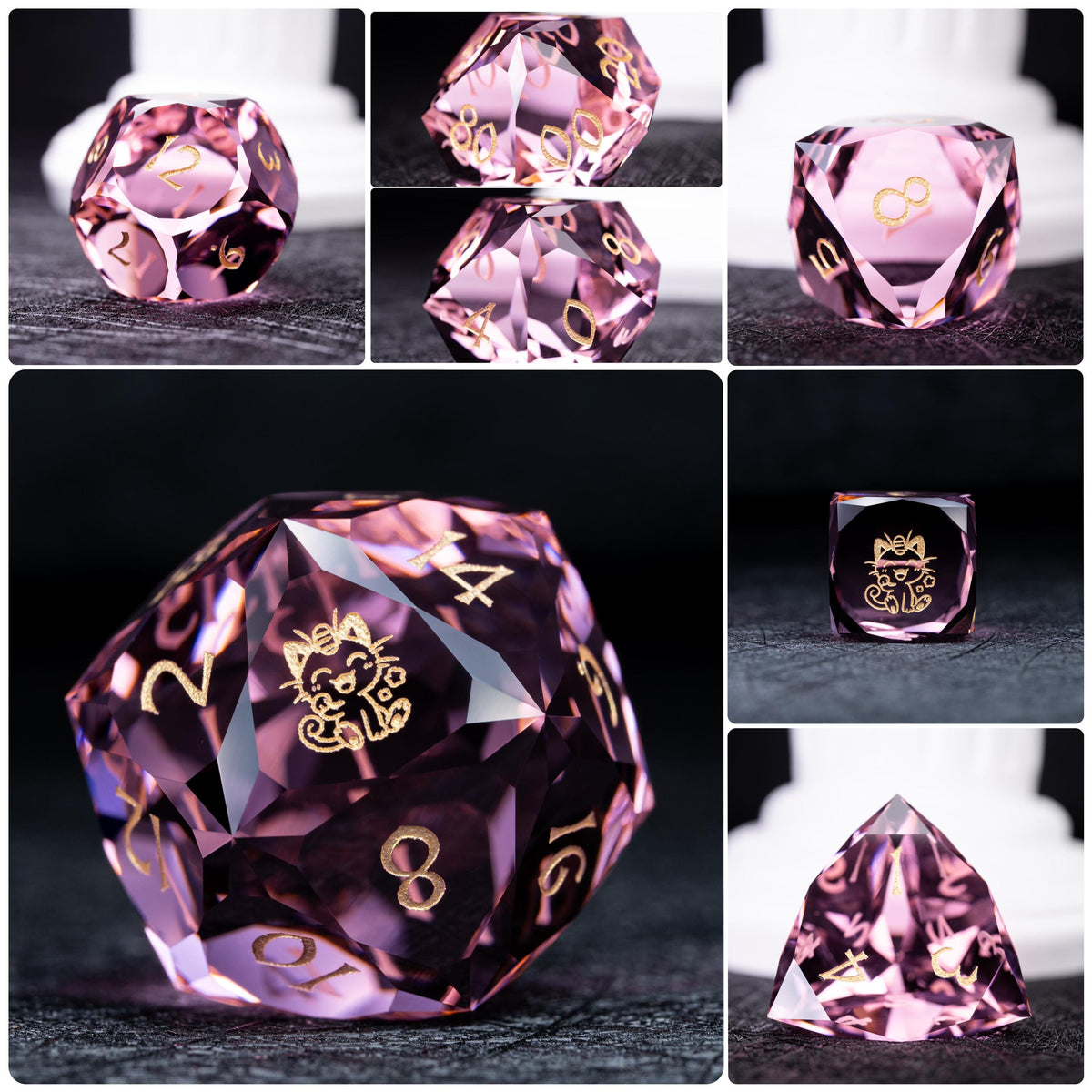Collage of seven pink clear dice with gold numbers; d20 and d6 show a gold smiling cat-like creature, dark backdrop