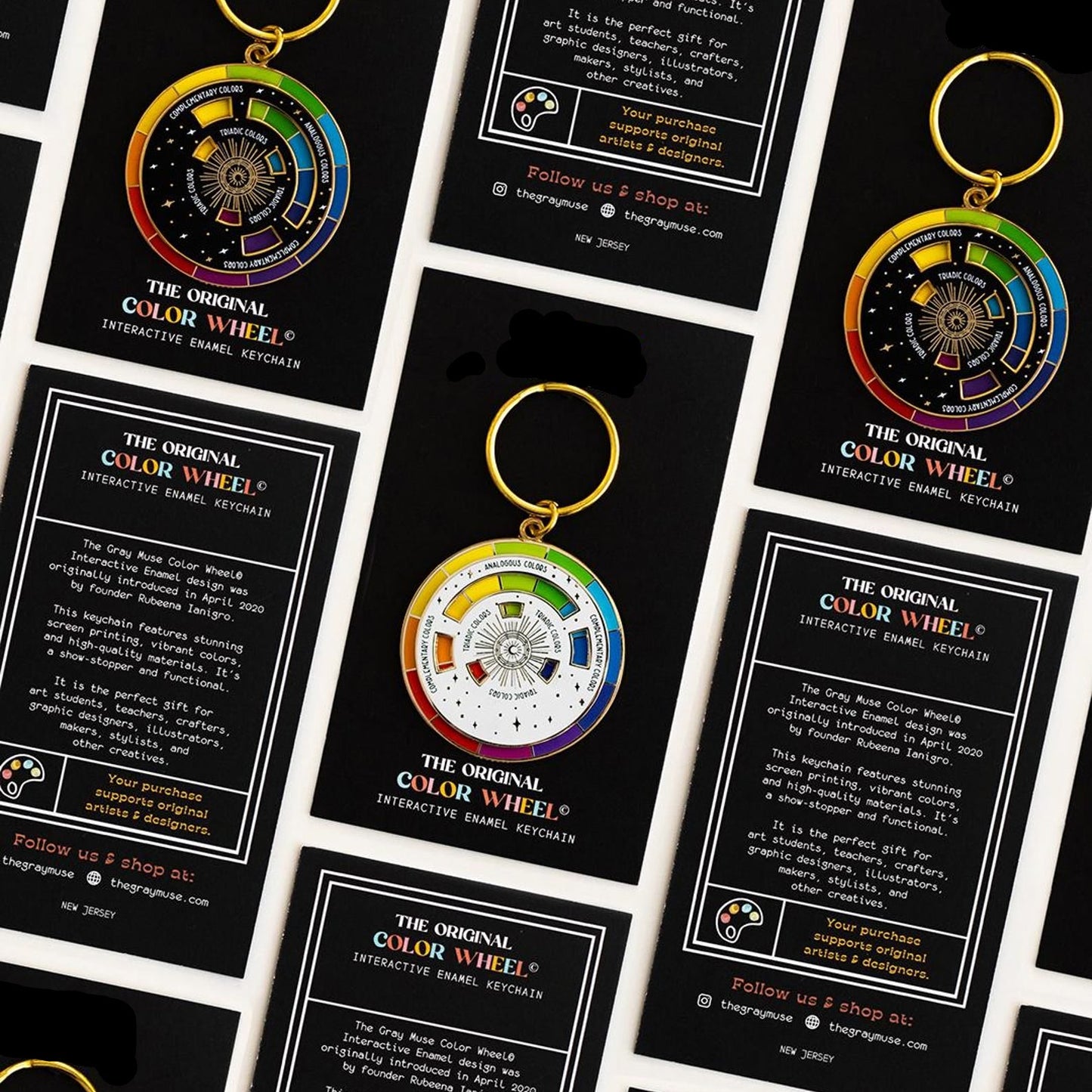 black and gold interactive color wheel keychain for artists
