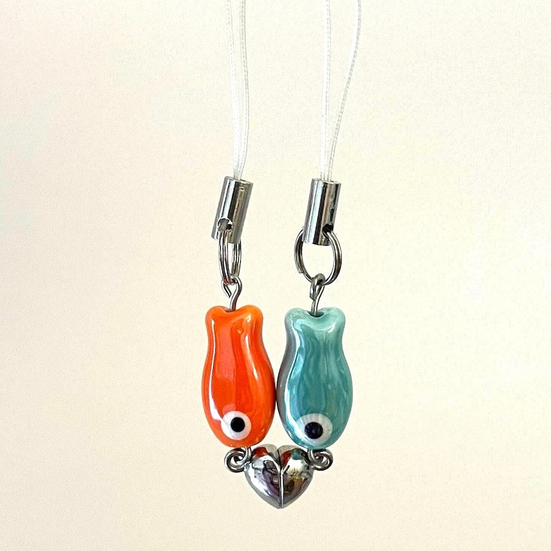 Magnetic matching green ceramic fish keychain set for couples and friends