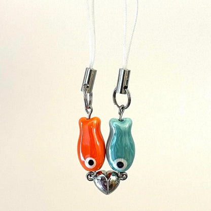 Magnetic matching green ceramic fish keychain set for couples and friends