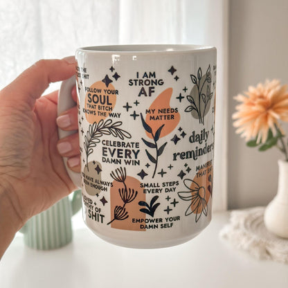 Clear glass mug with daily affirmations print for mental health and positivity