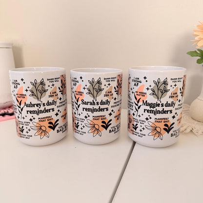 Clear glass mug with daily affirmations print for mental health and positivity
