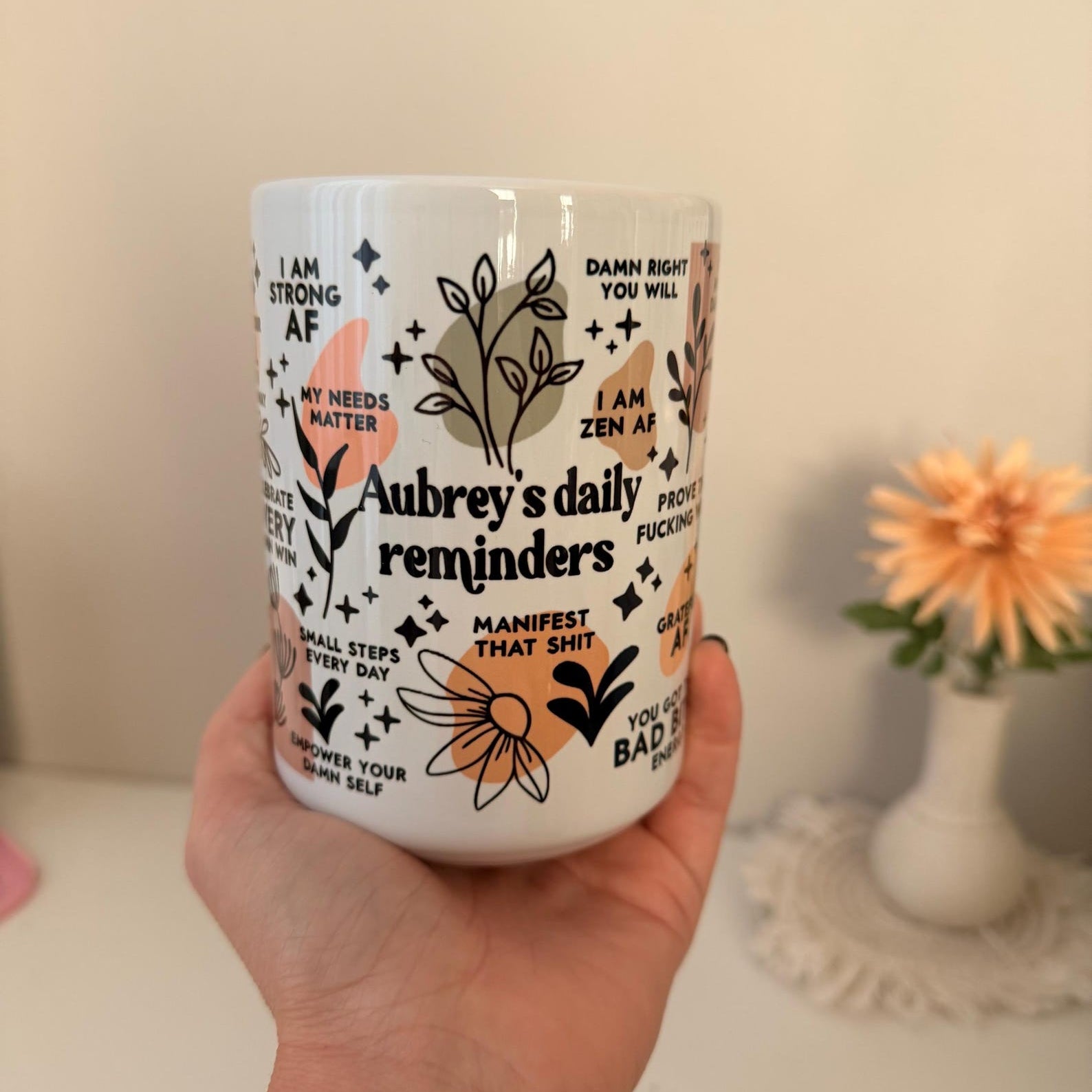 Clear glass mug with daily affirmations print for mental health and positivity