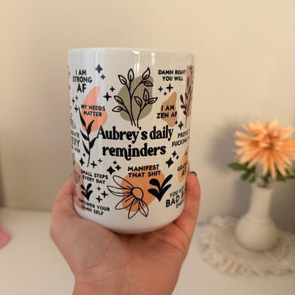 Clear glass mug with daily affirmations print for mental health and positivity