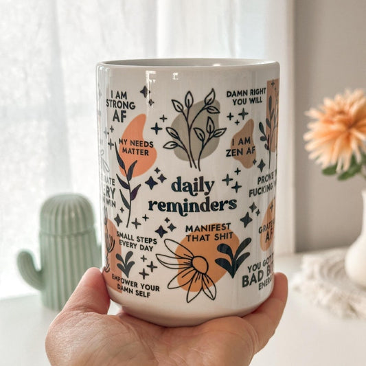 Clear glass mug with daily affirmations print for mental health and positivity