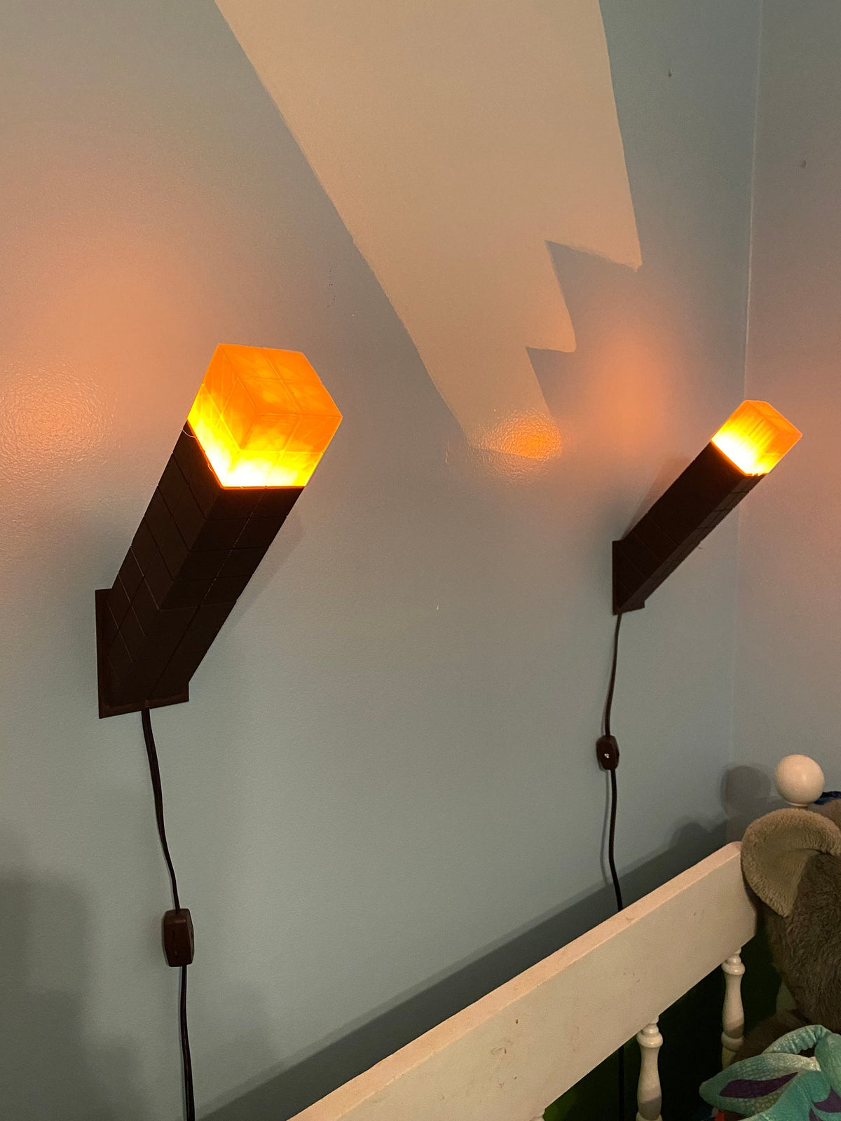 Minecraft-inspired 3D printed LED torch night light with flickering flame bulb