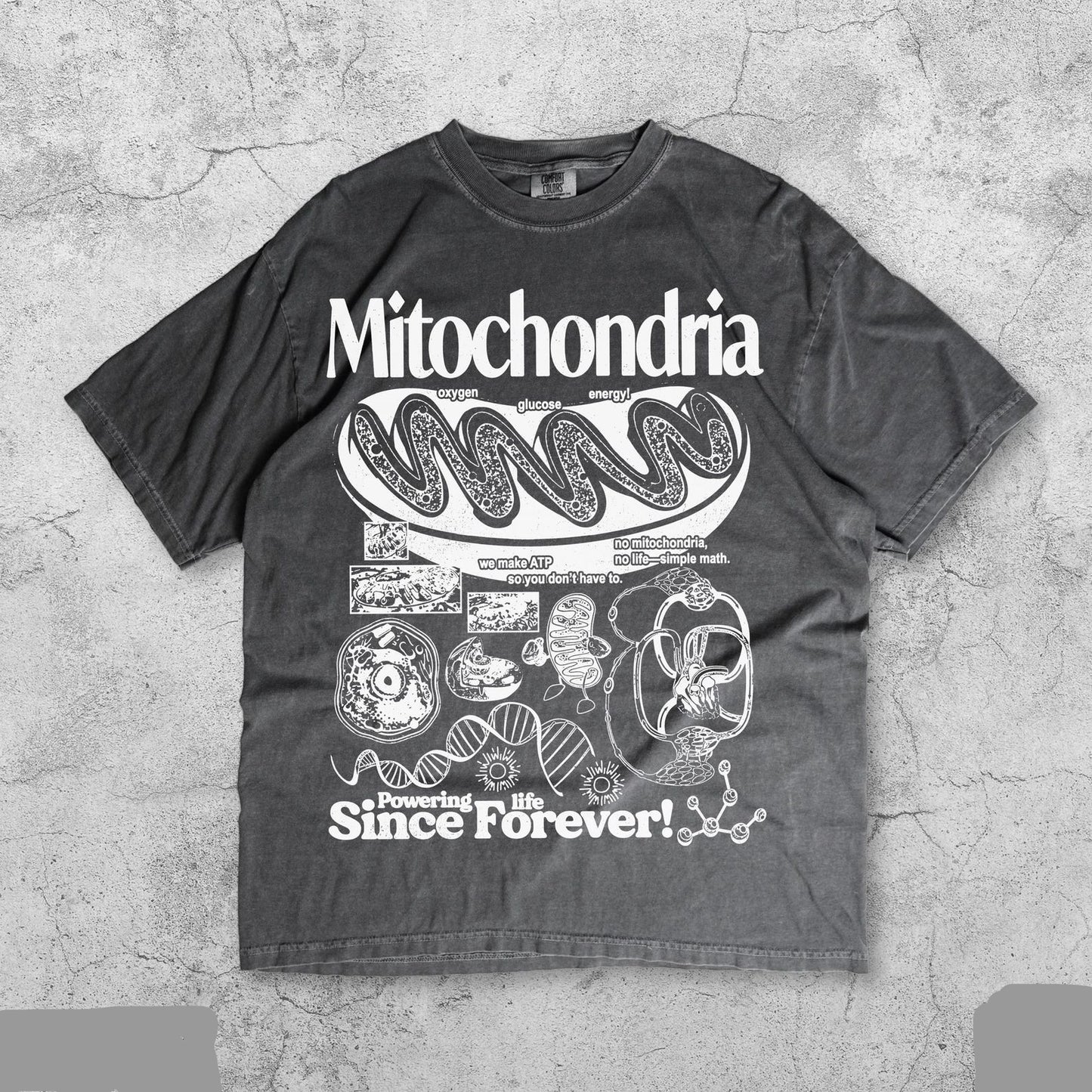vintage mitochondria science t-shirt with retro cell diagram