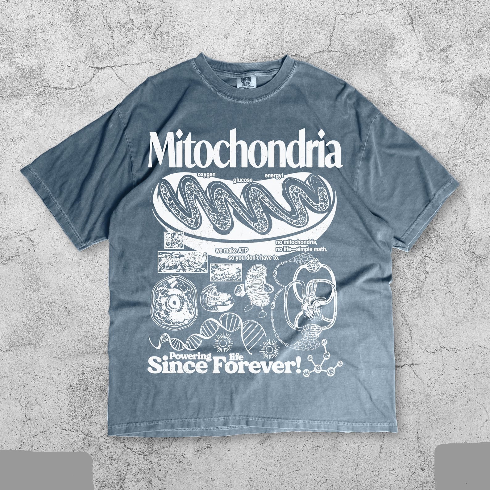 vintage mitochondria science t-shirt with retro cell diagram