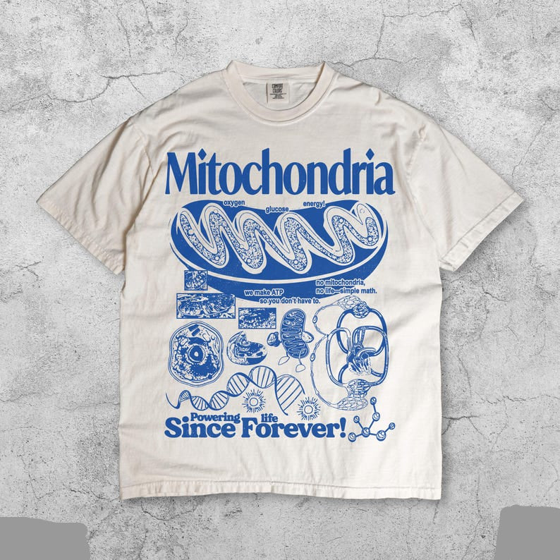 vintage mitochondria science t-shirt with retro cell diagram