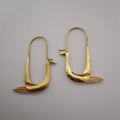 Handcrafted polished brass swan hoop earrings with sculptural bird design