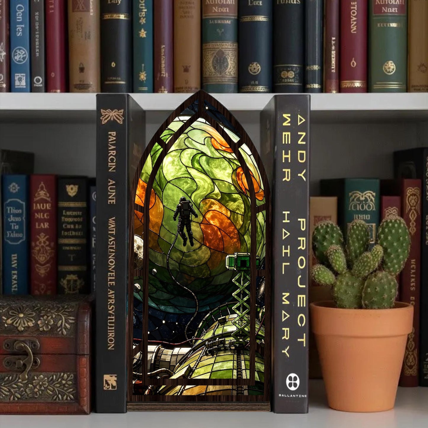 Project Hail Mary book nook stained glass sci-fi bookshelf decor
