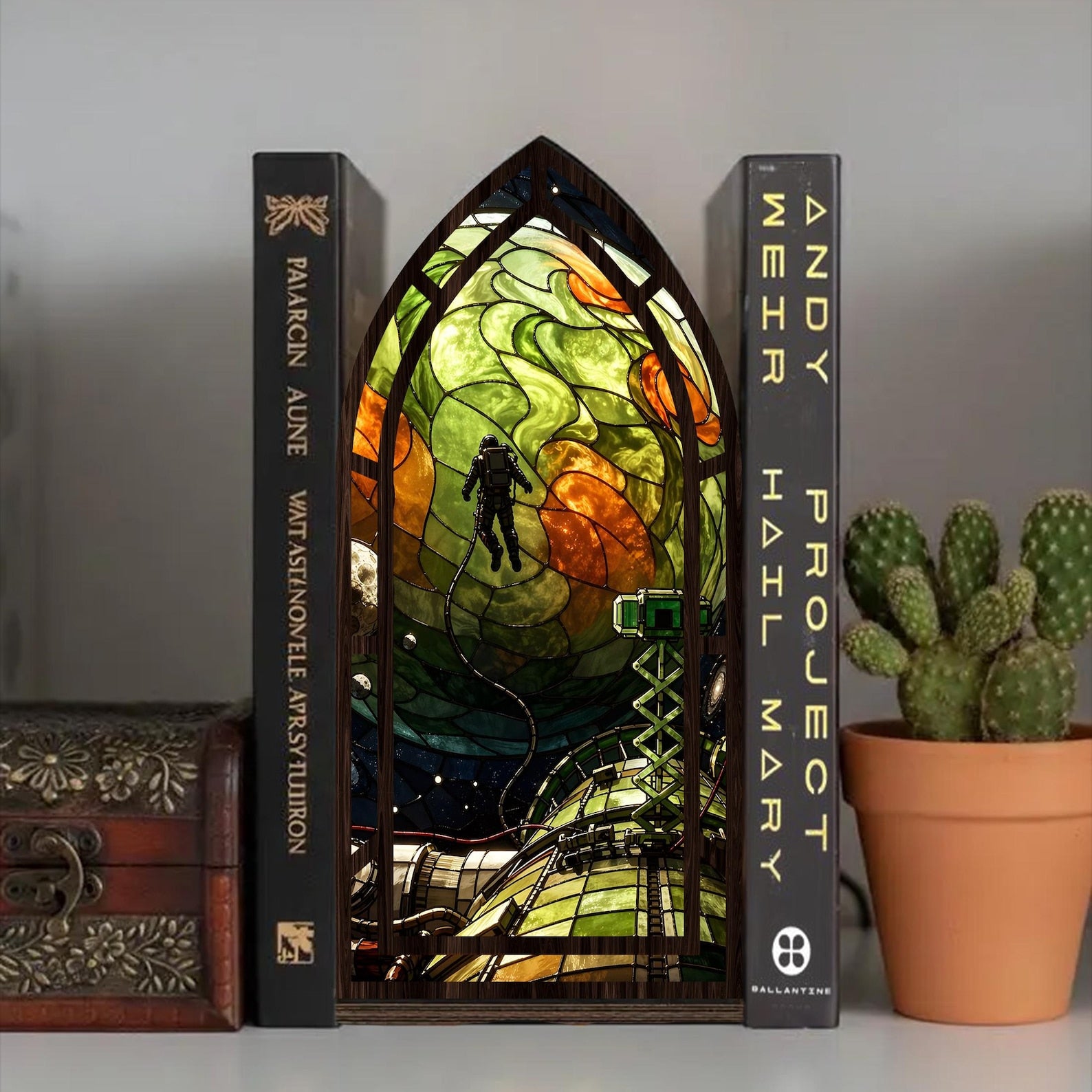 Project Hail Mary book nook stained glass sci-fi bookshelf decor