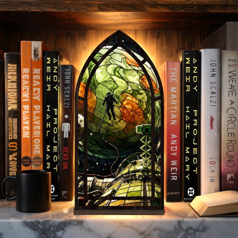 Project Hail Mary book nook stained glass sci-fi bookshelf decor