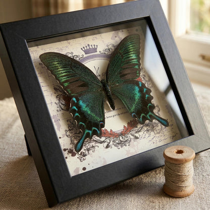 Real butterfly taxidermy in wood frame with vibrant jewel-tone wings entomology wall decor
