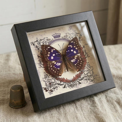 Real butterfly taxidermy in wood frame with vibrant jewel-tone wings entomology wall decor