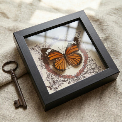Real butterfly taxidermy in wood frame with vibrant jewel-tone wings entomology wall decor