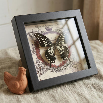 Real butterfly taxidermy in wood frame with vibrant jewel-tone wings entomology wall decor