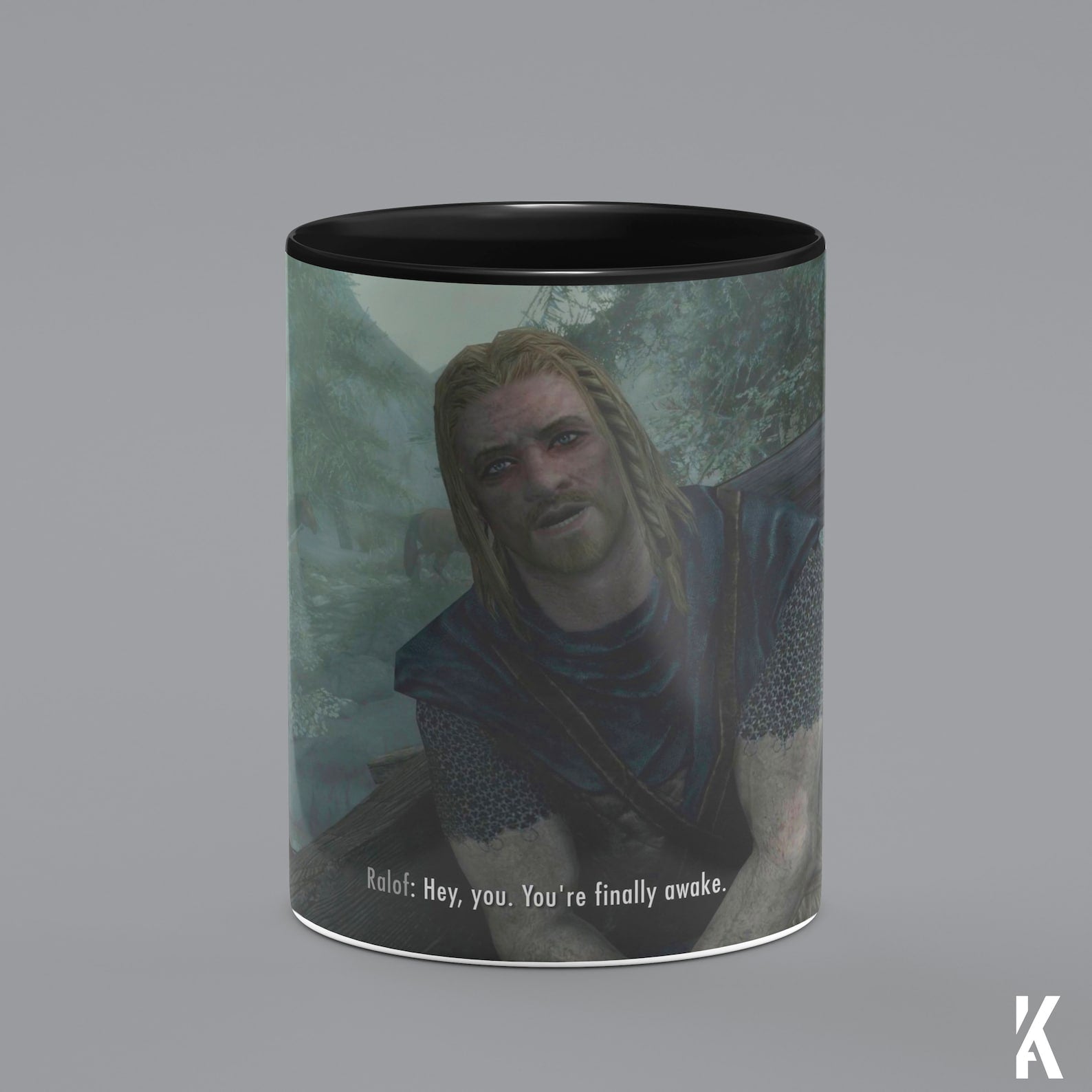 Skyrim heat changing mug revealing 'Hey You’re Finally Awake' design