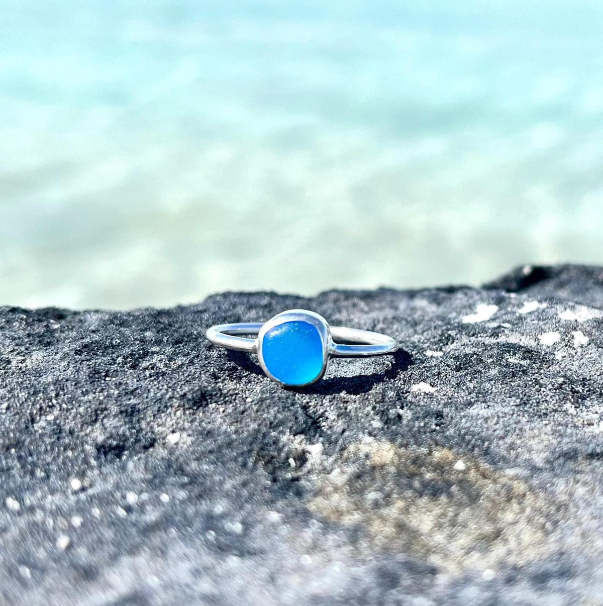Teal sea glass sterling silver minimalist beach ring with thin silver band