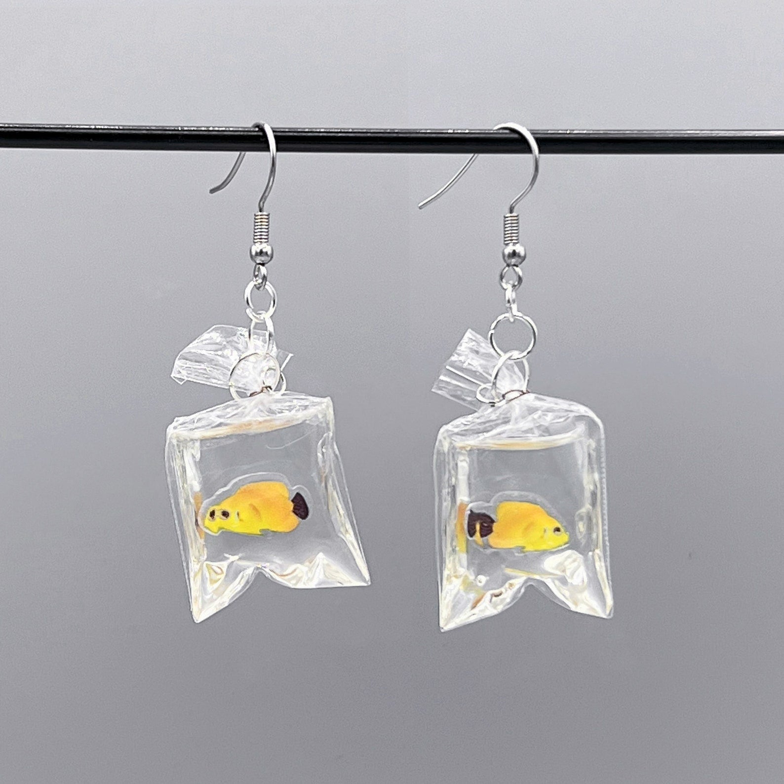 tropical fish in a bag earrings handmade resin ocean jewelry