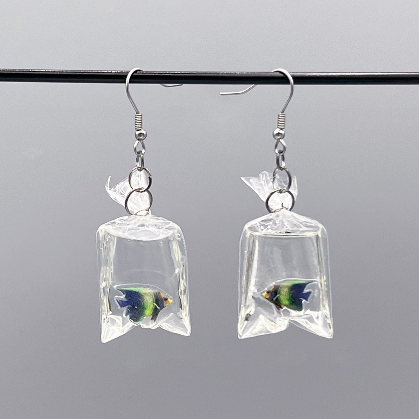 tropical fish in a bag earrings handmade resin ocean jewelry