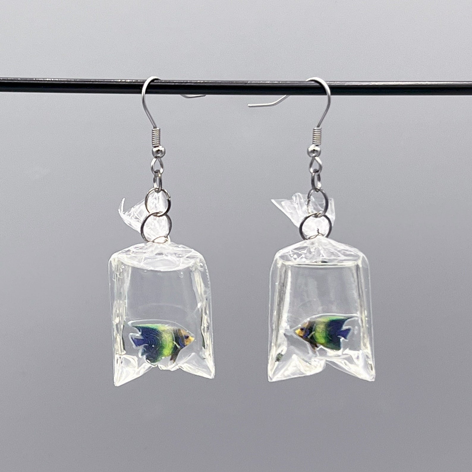 tropical fish in a bag earrings handmade resin ocean jewelry
