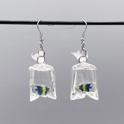 tropical fish in a bag earrings handmade resin ocean jewelry
