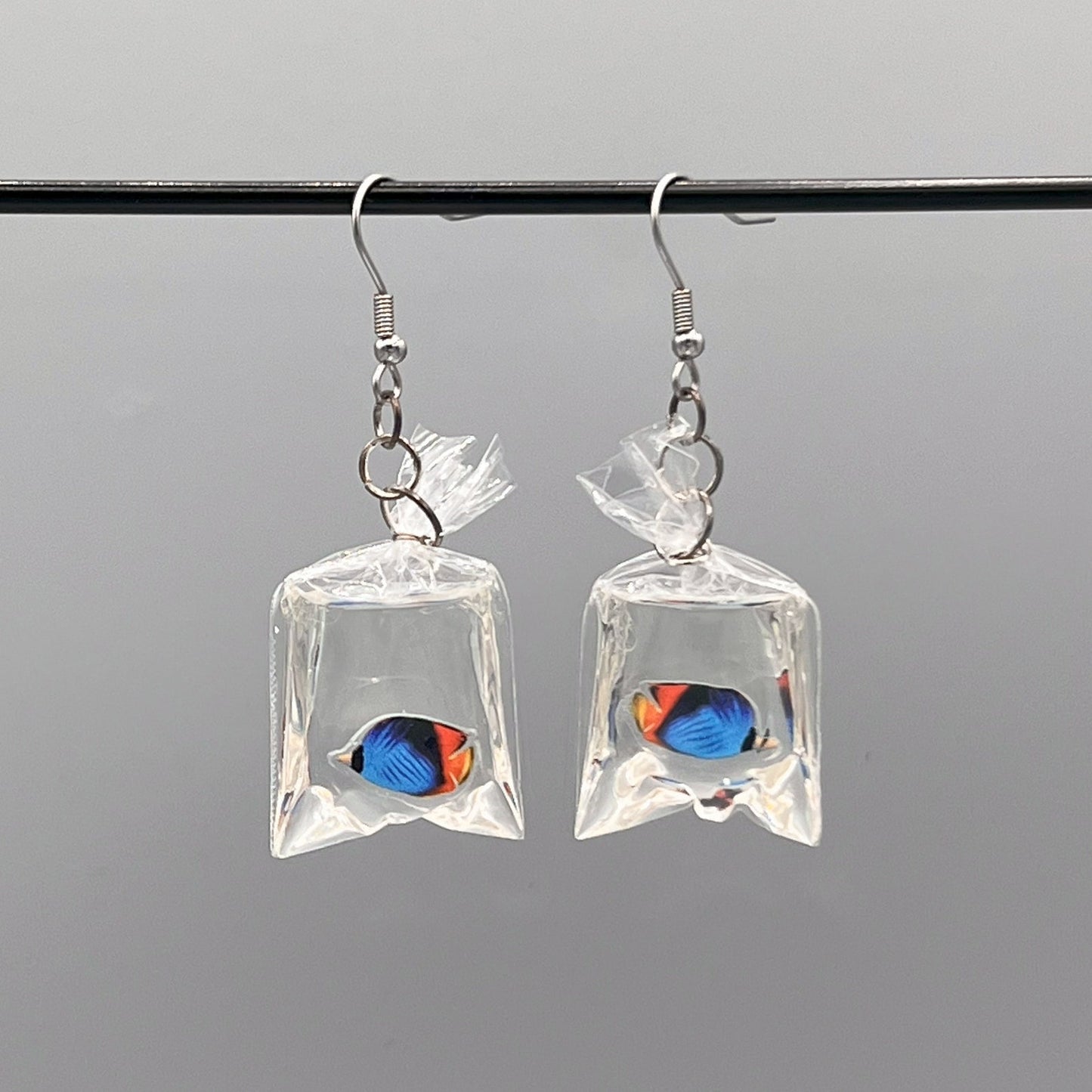tropical fish in a bag earrings handmade resin ocean jewelry