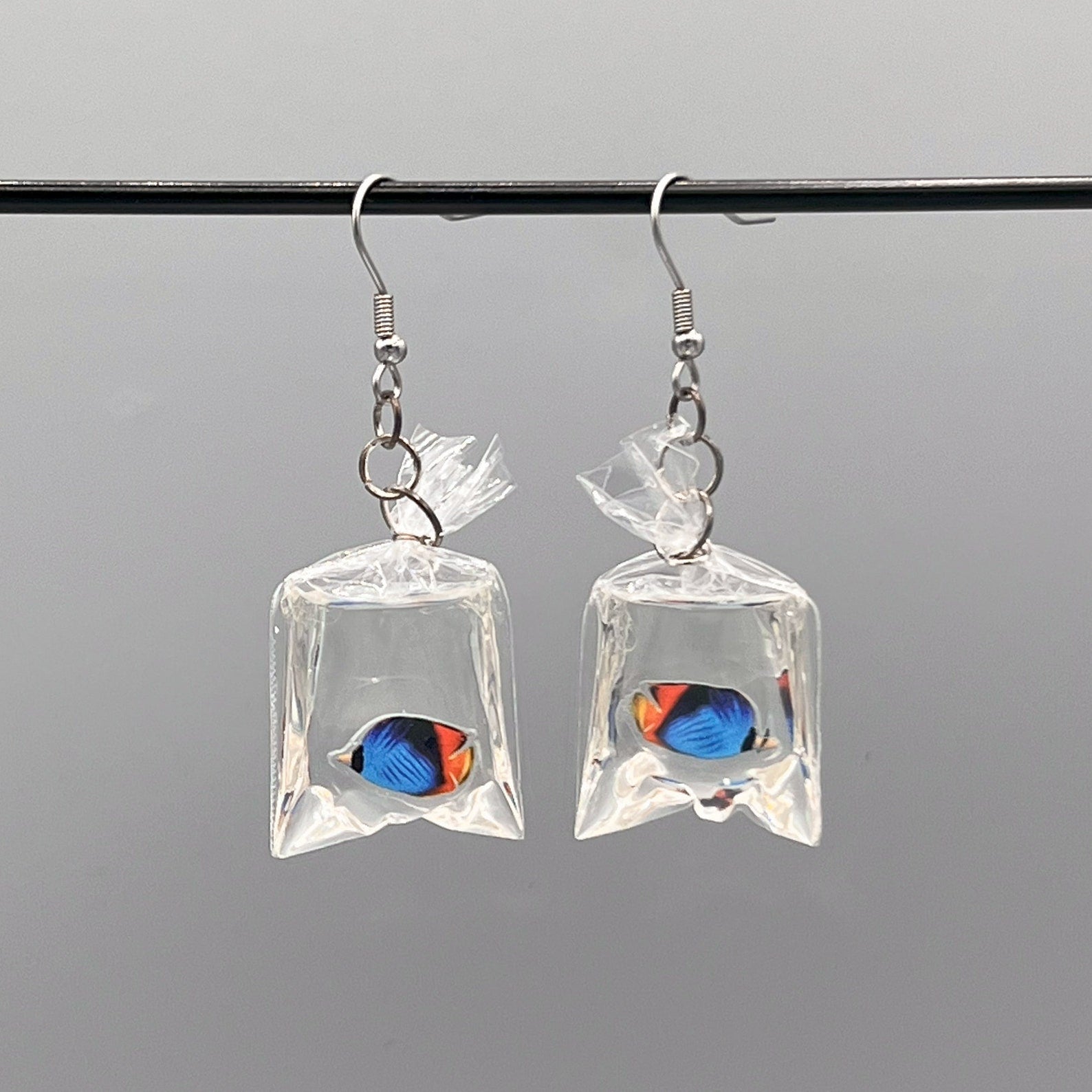 tropical fish in a bag earrings handmade resin ocean jewelry