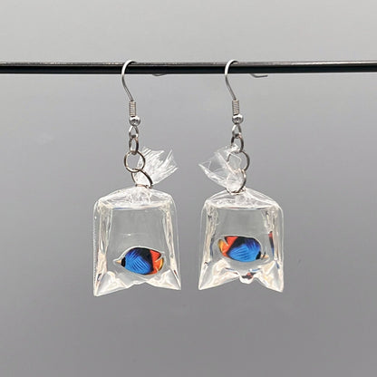 tropical fish in a bag earrings handmade resin ocean jewelry