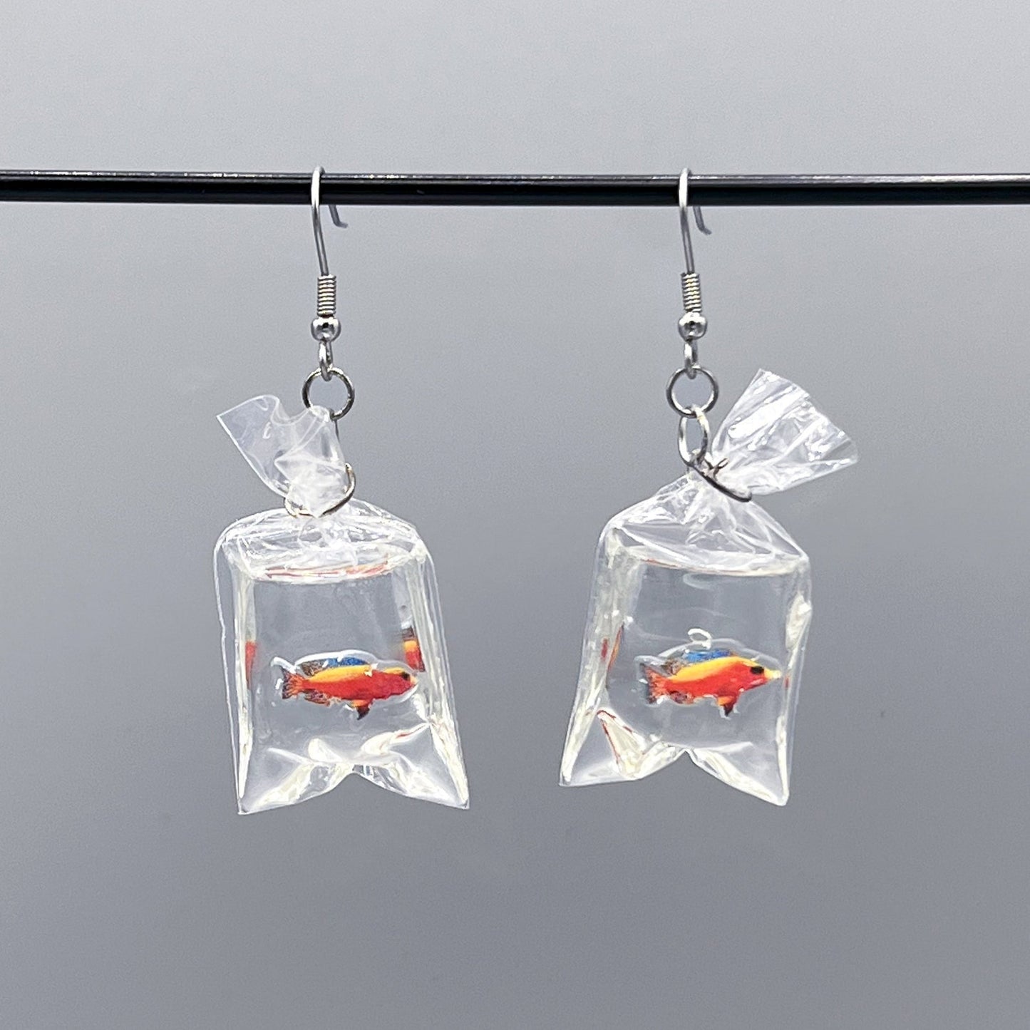 tropical fish in a bag earrings handmade resin ocean jewelry