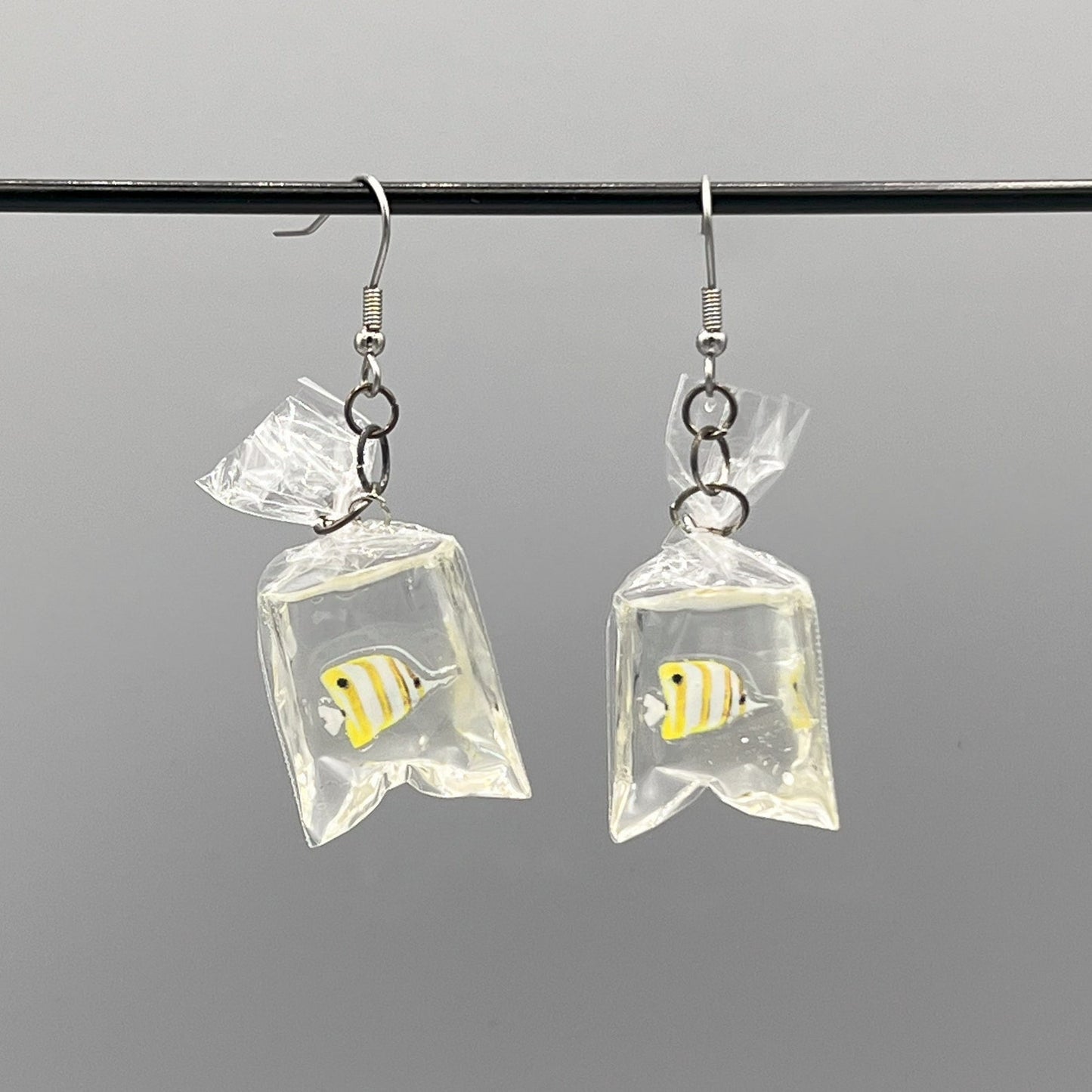 tropical fish in a bag earrings handmade resin ocean jewelry