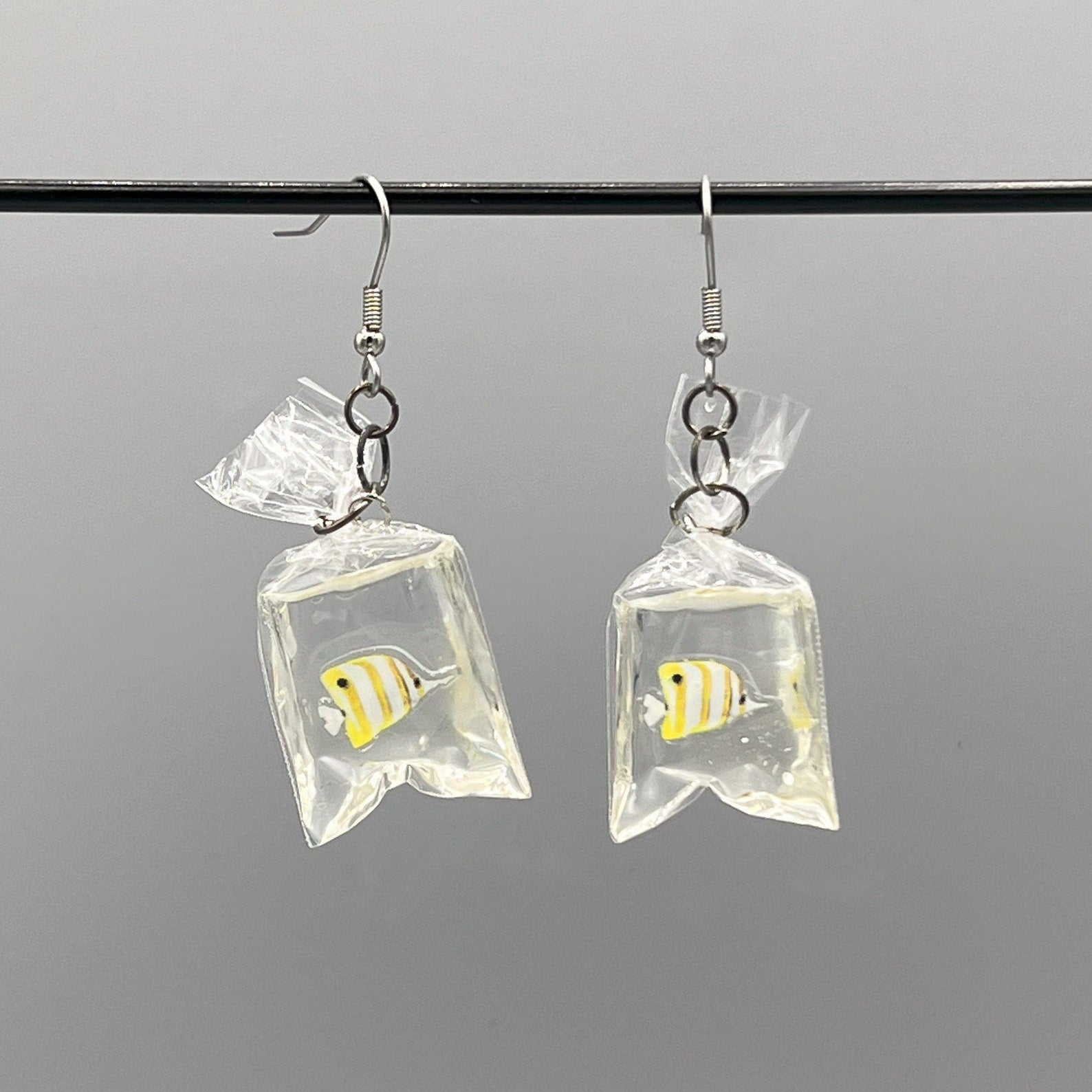 tropical fish in a bag earrings handmade resin ocean jewelry