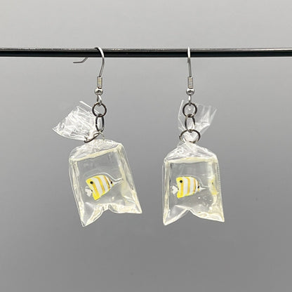 tropical fish in a bag earrings handmade resin ocean jewelry