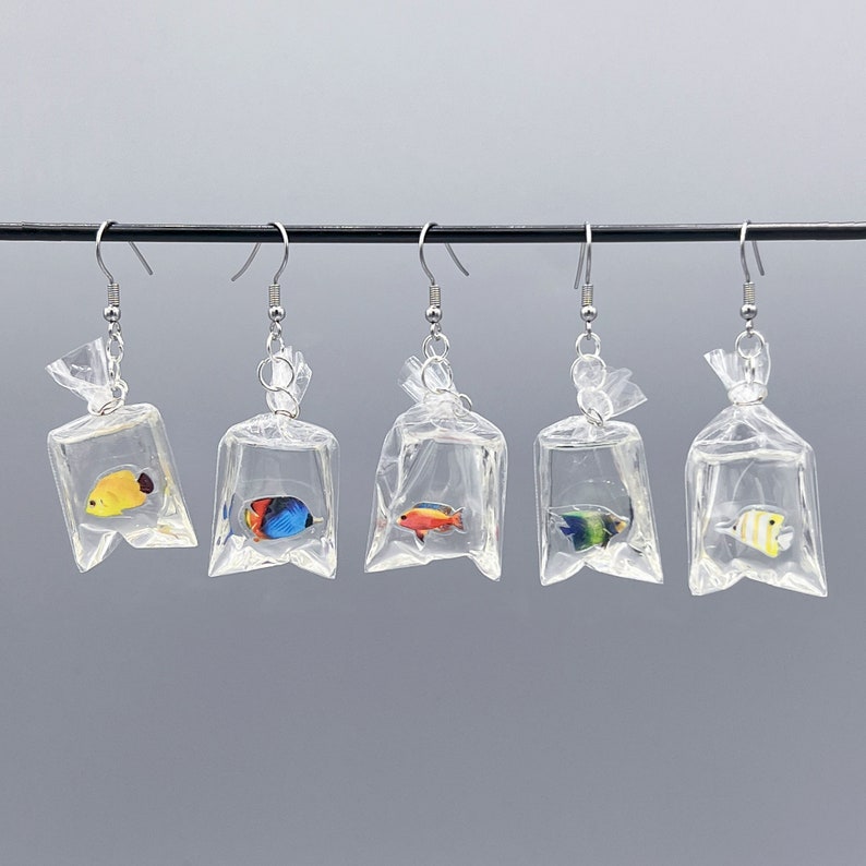 tropical fish in a bag earrings handmade resin ocean jewelry