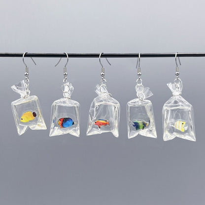tropical fish in a bag earrings handmade resin ocean jewelry