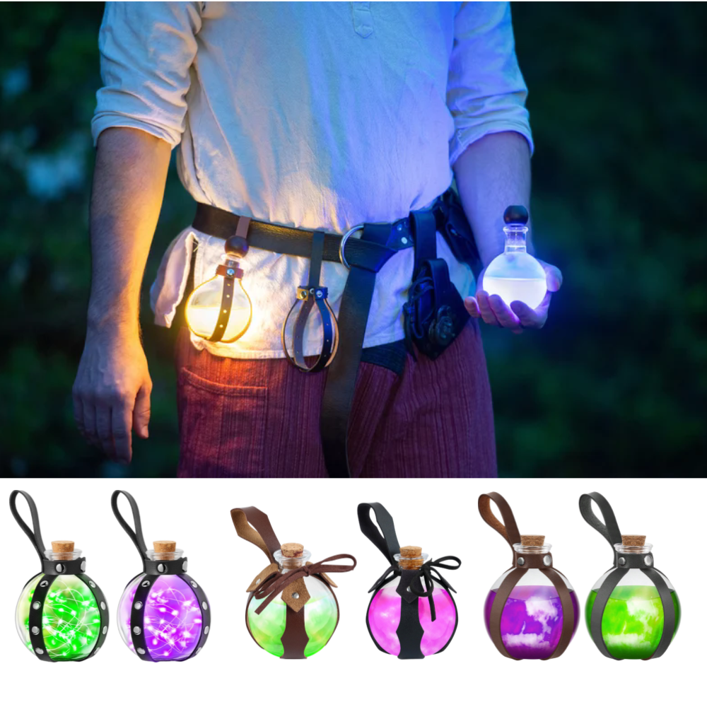 Medieval Viking knight leather belt with alchemy potion bottle.