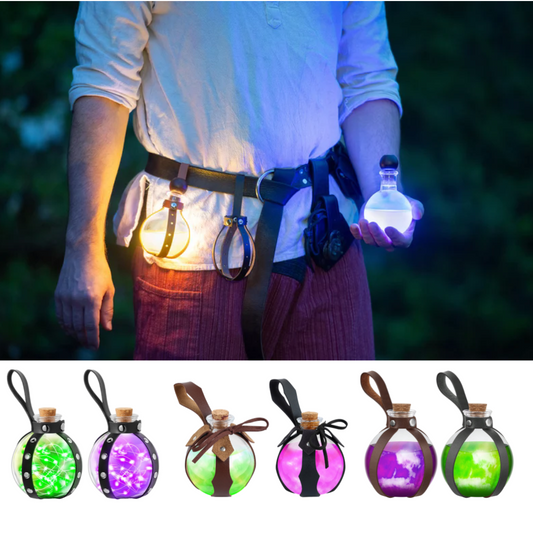 Medieval Viking knight leather belt with alchemy potion bottle.