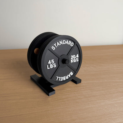 Weight plate coaster set of 4 with storage rack for home gym and man cave decor