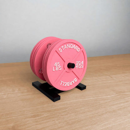 Weight plate coaster set of 4 with storage rack for home gym and man cave decor